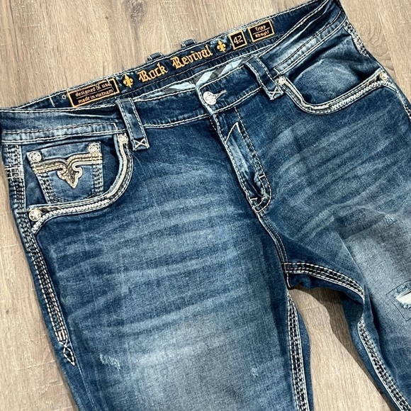 Rock Revival 42W 33L Tripp Straight Fit Distressed Western Cowboy Jeans Premium - Picture 5 of 15
